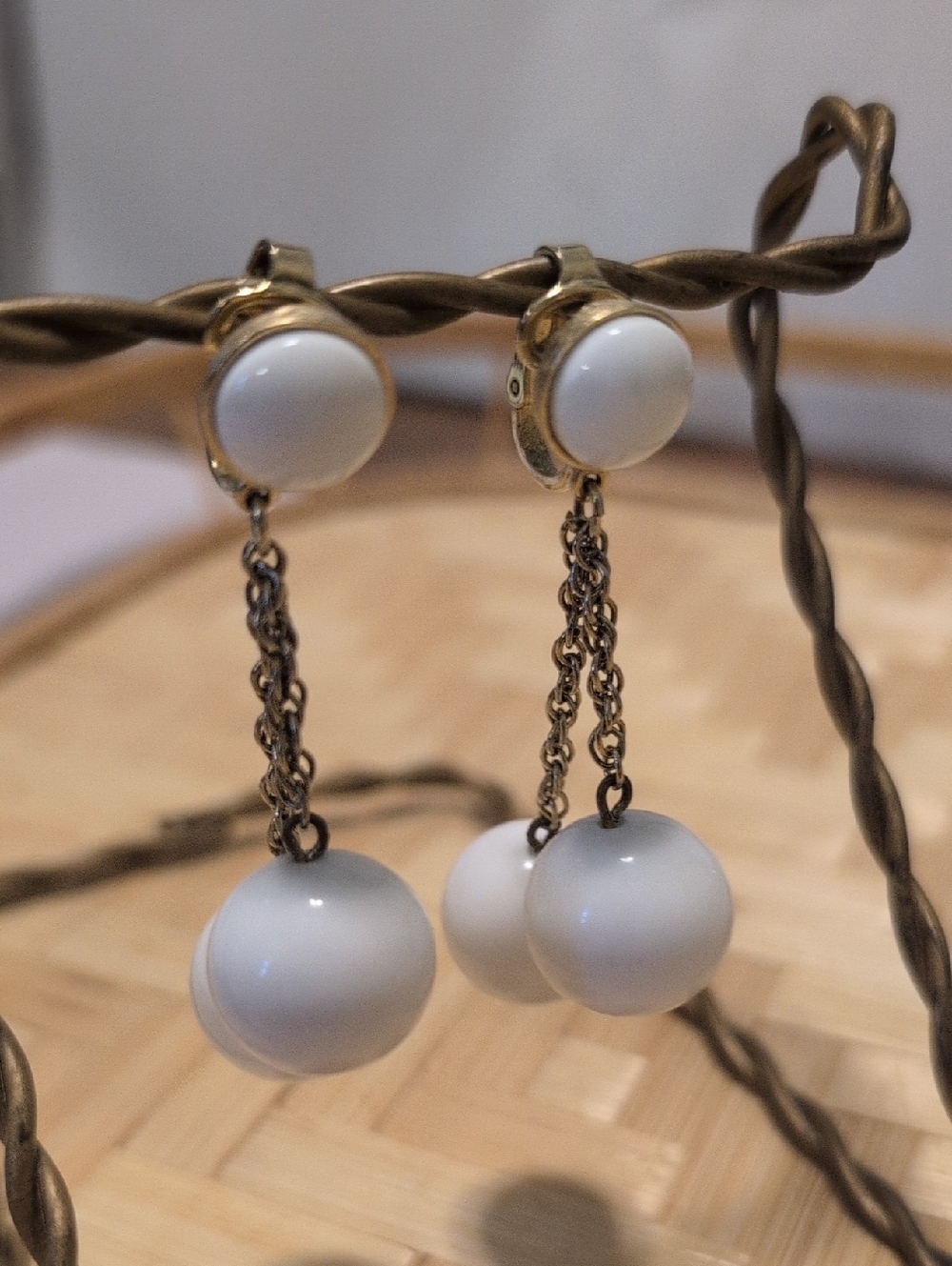 Vintage Crown Trifari White Dangle Ball Earrings Clip On Style